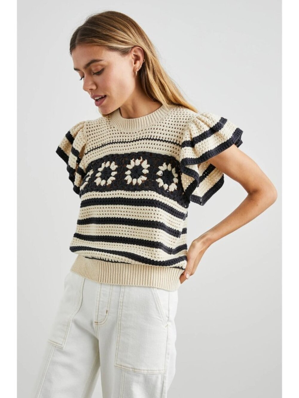 Rails Penelope Top in Oat Navy Crochet Stripe
